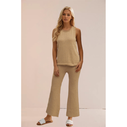 Summer new solid color knitted casual suit simple European and American style vest pullover two-piece set for women