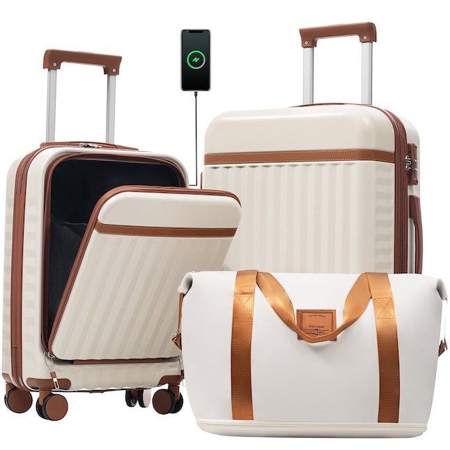 Brown + Beige Plastic Hardshell Suitcase set 