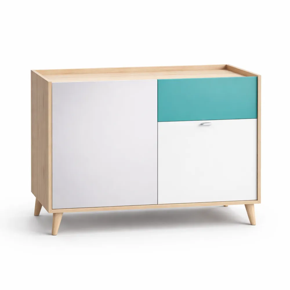 Credenza Moderna a 2 Ante per Soggiorno, 105x43h75 cm, Bianco e Rovere