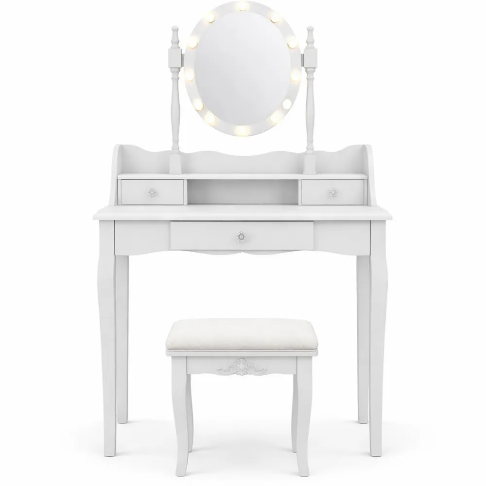 Toeletta da trucco con specchio girevole e sgabello in legno, 3 cassetti e modalità di illuminazione multipla