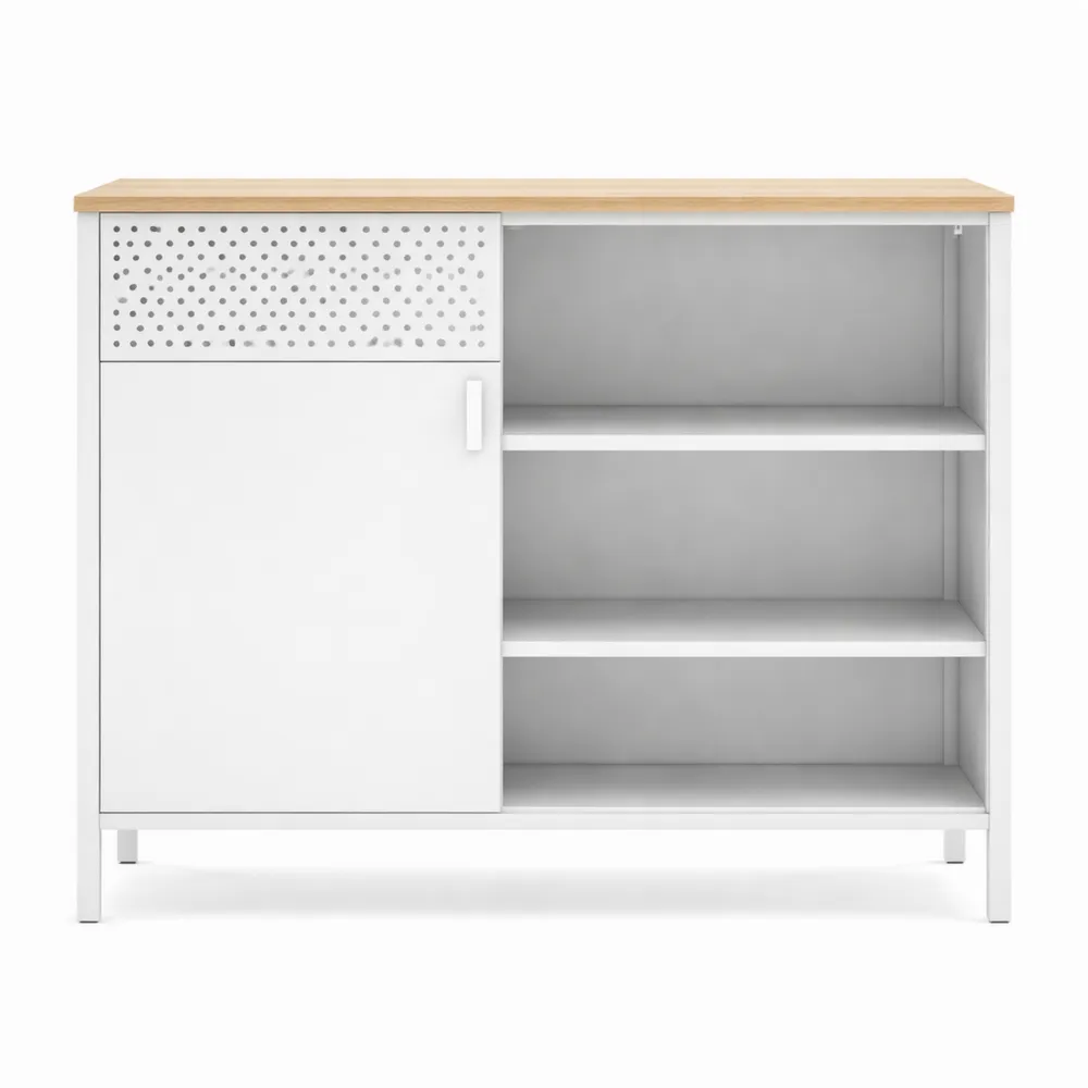Mobiletto in Metallo con Anta Doppia e Ripiani Regolabili, 40 x 80 x 76 cm, Beige e Bianco
