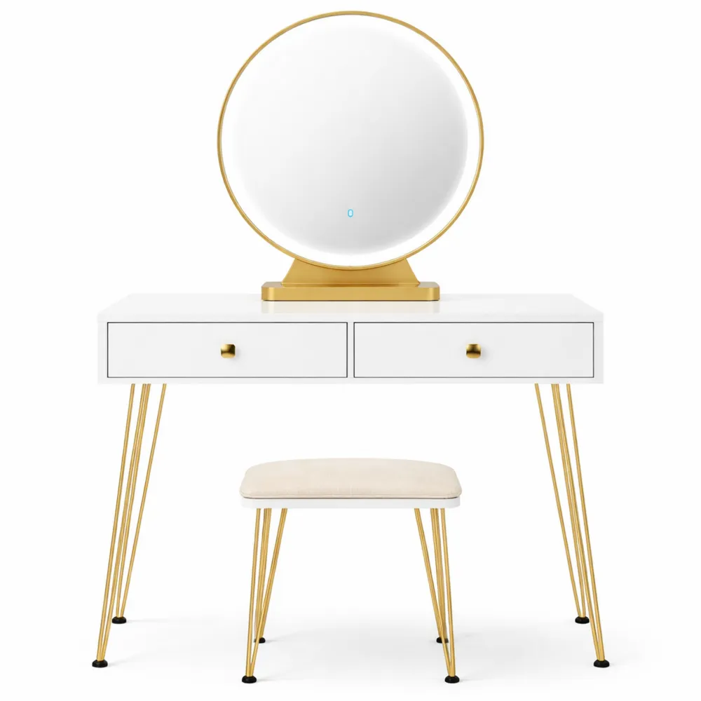 Tavolo Trucco Industriale con Luci LED e Specchio, Toeletta con Sgabello e Interruttore Touch, Colore Bianco