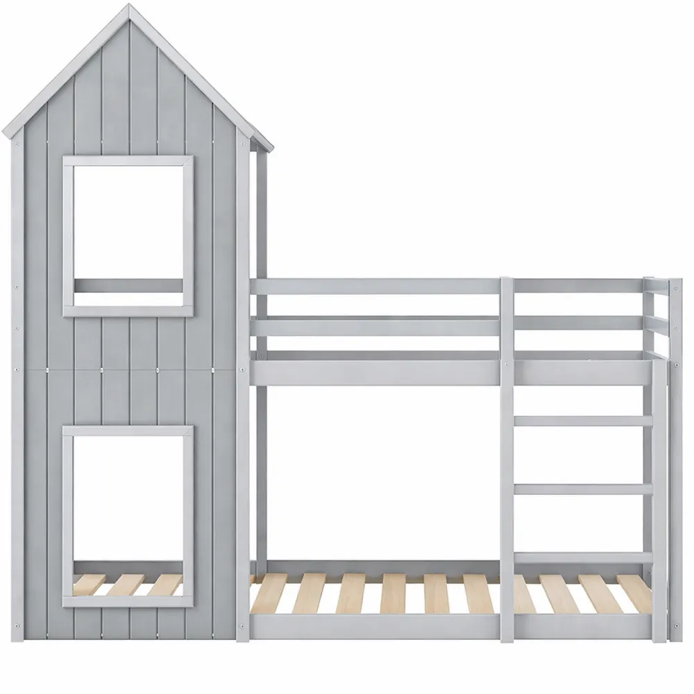 Letto a castello per bambini con baldacchino e finestra in legno di pino