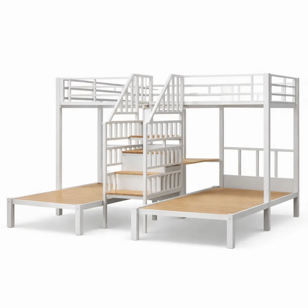 Letto a soppalco multifunzionale con scala e luce LED, bianco