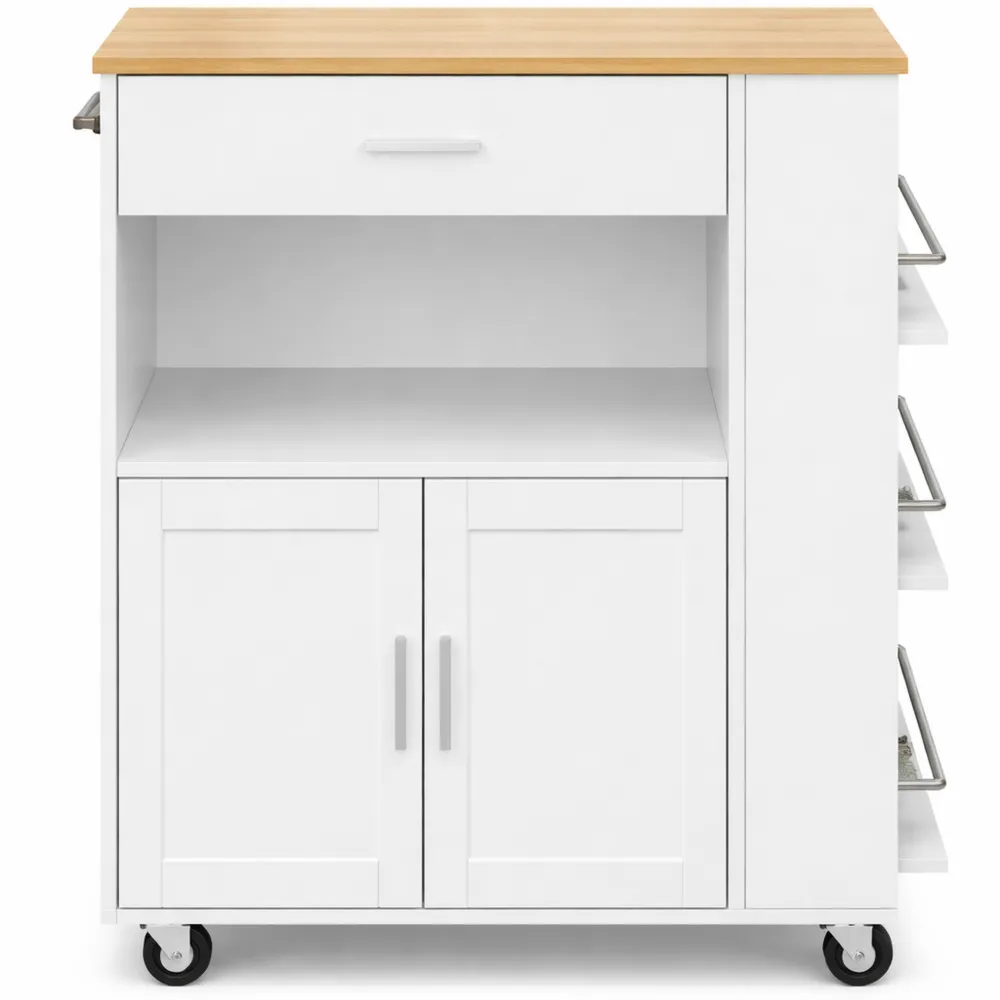 Carrello da Cucina a 3 Ripiani con Vano Aperto e Cassetto, Bianco e Naturale