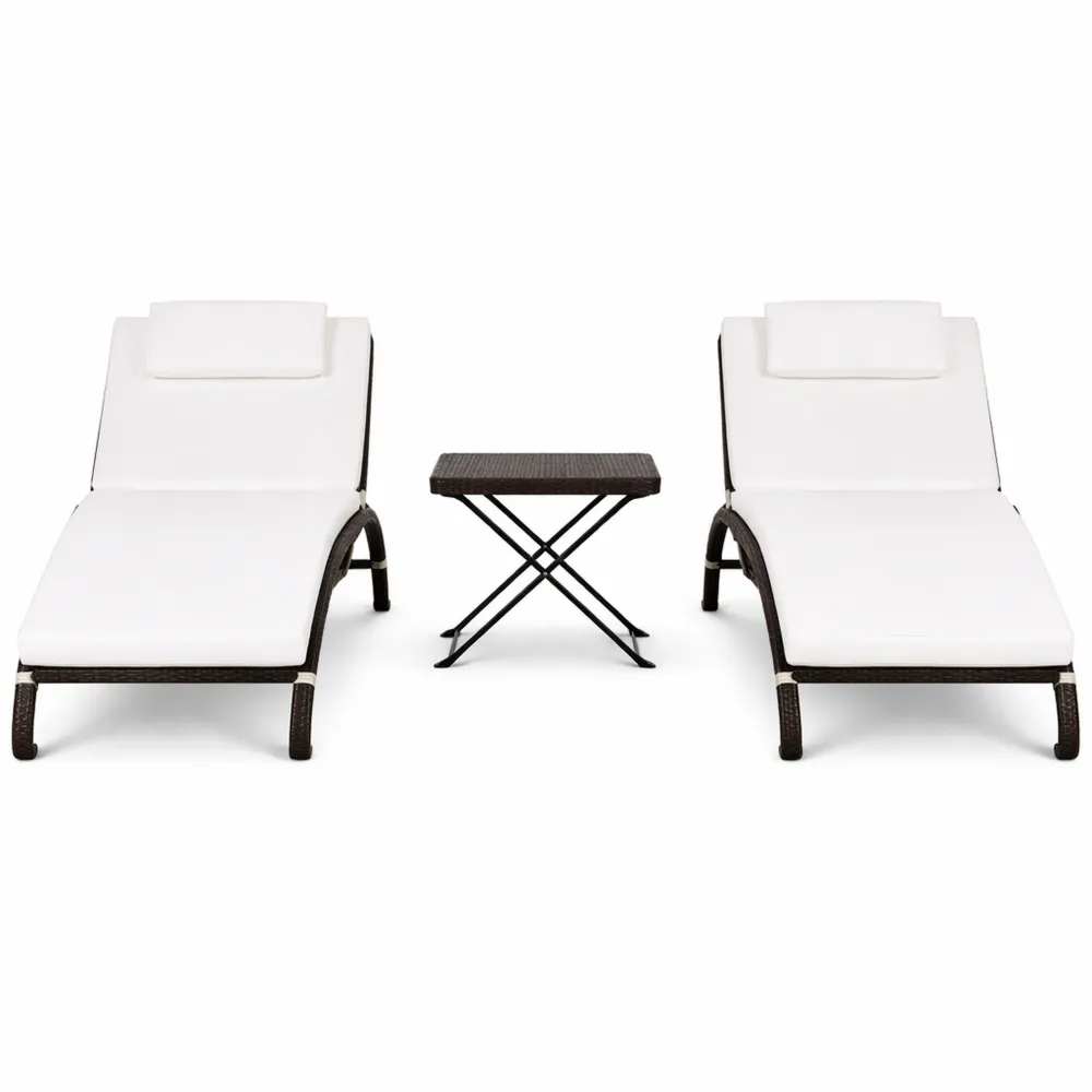 Set da Giardino con Lettini Prendisole e Tavolino in Rattan, Cuscini Rimovibili