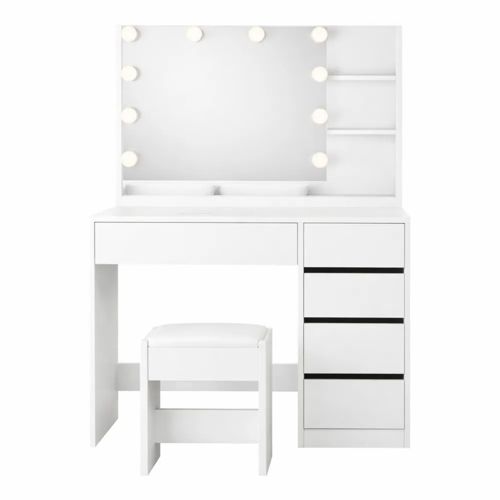 Tavolo da Trucco Bianco con Specchio LED e 5 Cassetti