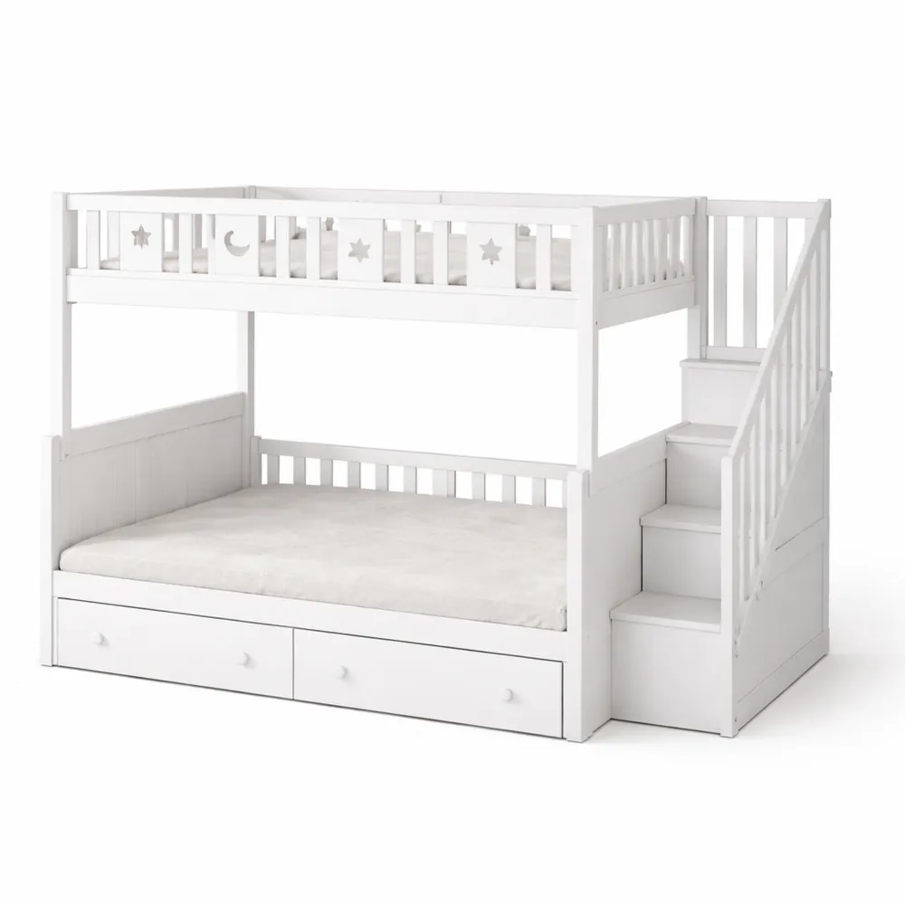 Letto a castello in legno massello con scala di sicurezza e cassetti