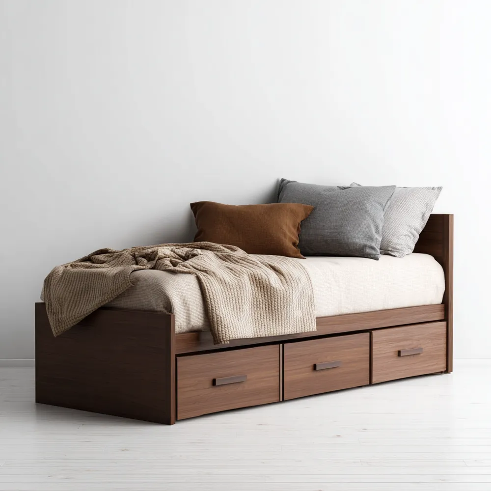 Lit simple en bois avec tiroirs – Noyer