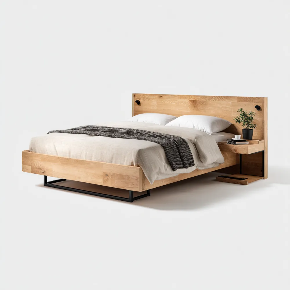 Lit double en bois et métal avec table de chevet intégrée