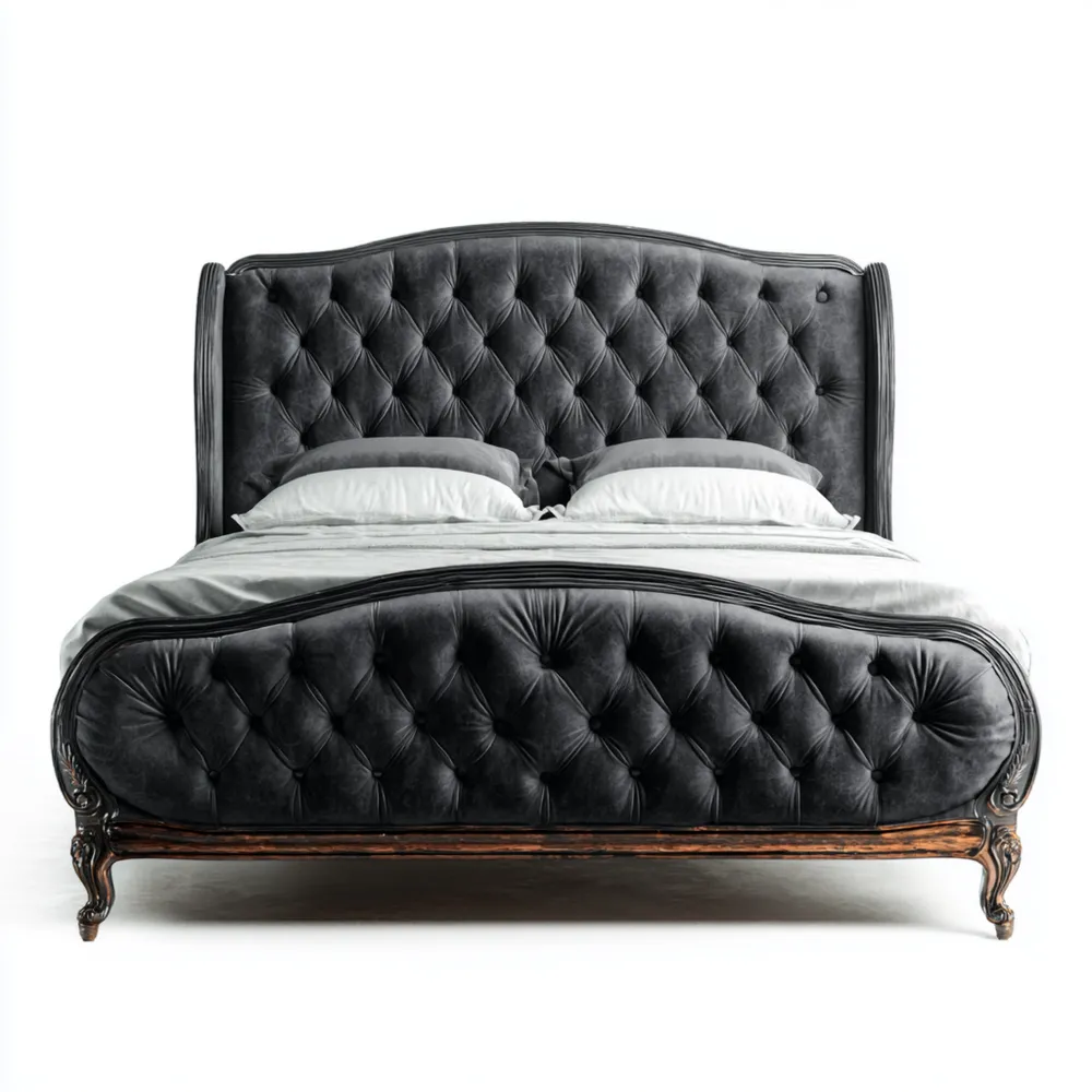 Lit en Bois et Velours Gris Foncé