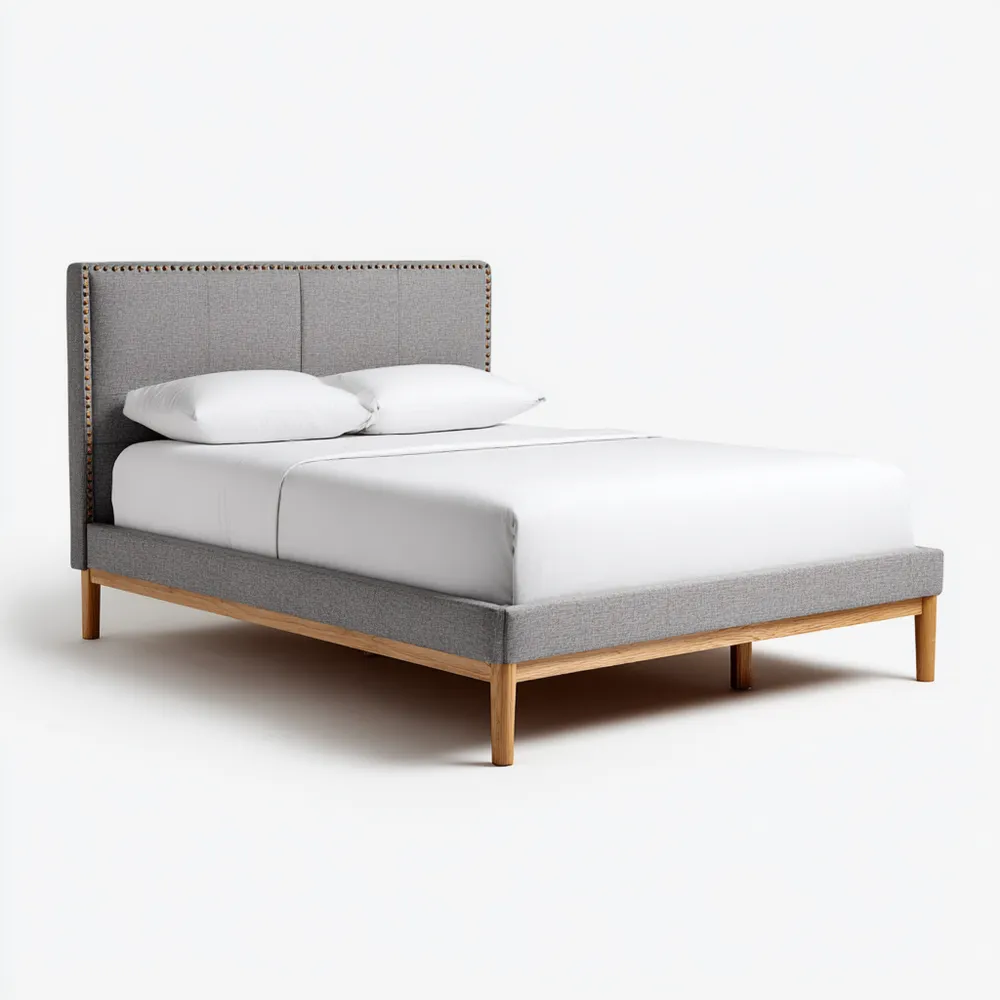 Lit en Bois et Tissu 213x168x100 cm – Gris Clair