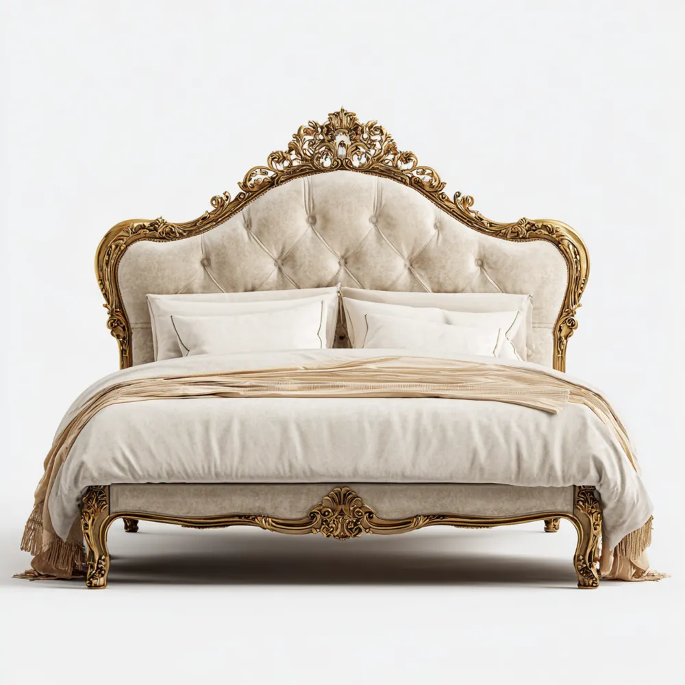 Lit Double Baroque en Bois et Velours 200x160x120 cm - Beige/Doré