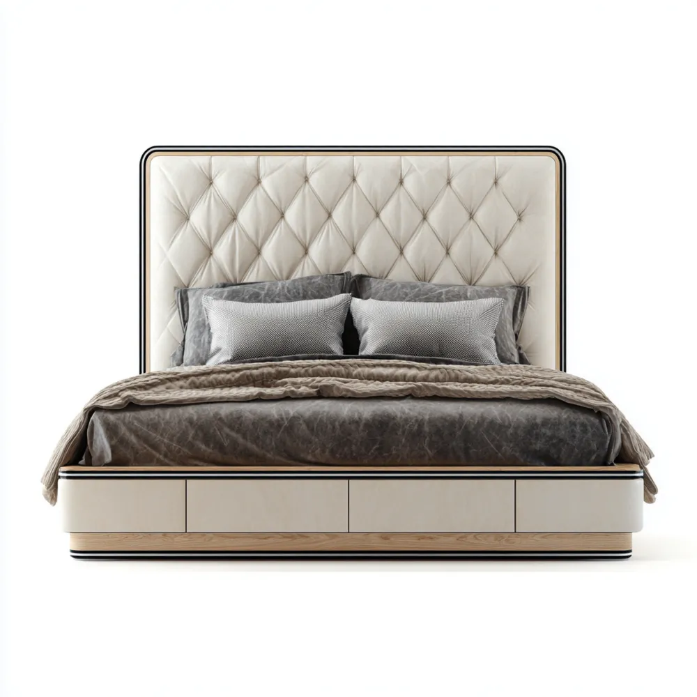 Lit double avec tête de lit en cuir et rangements intégrés 160x200 cm