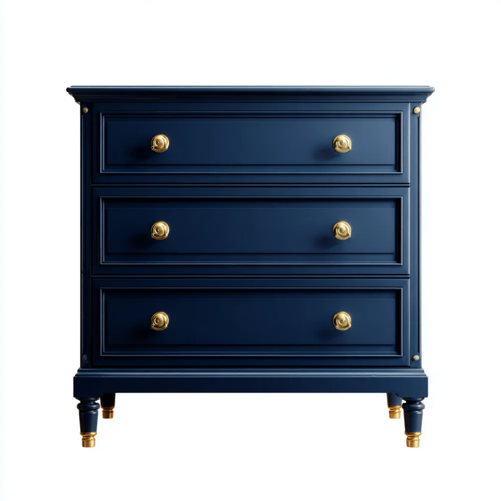 Commode en bois 3 tiroirs avec poignées en métal doré - Bleu marine