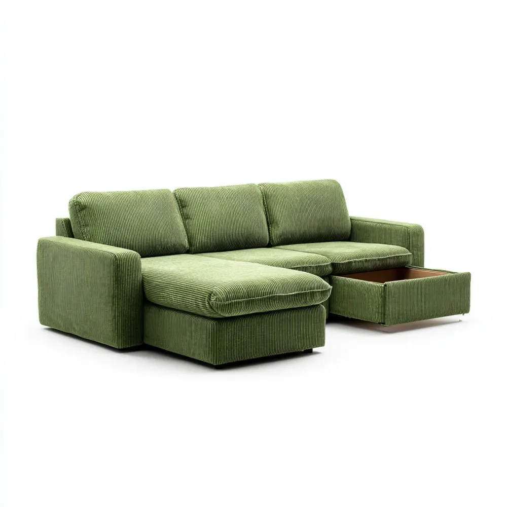 Canapé d'angle en velours côtelé avec rangement - Vert