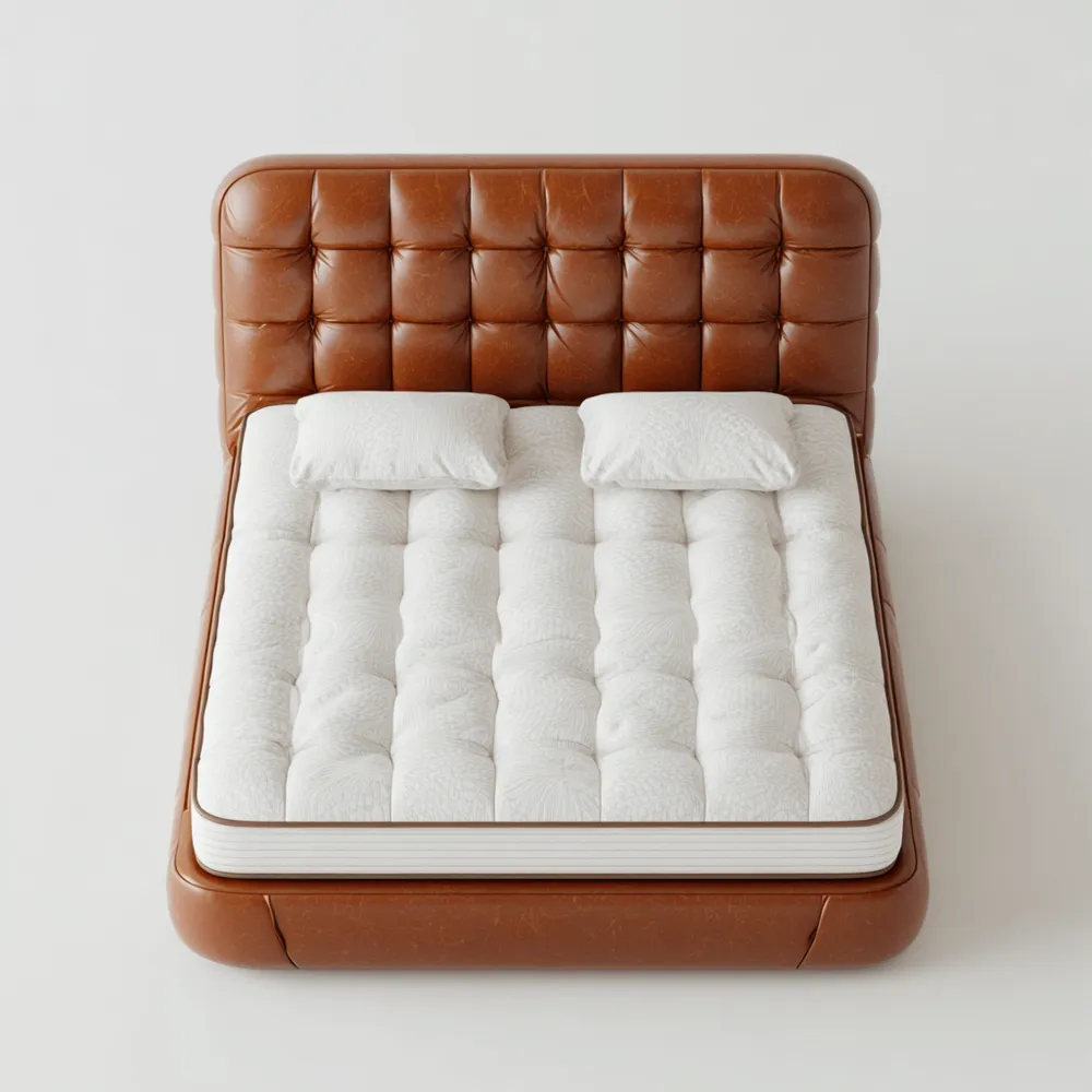 Lit double en cuir avec matelas en mousse et oreillers