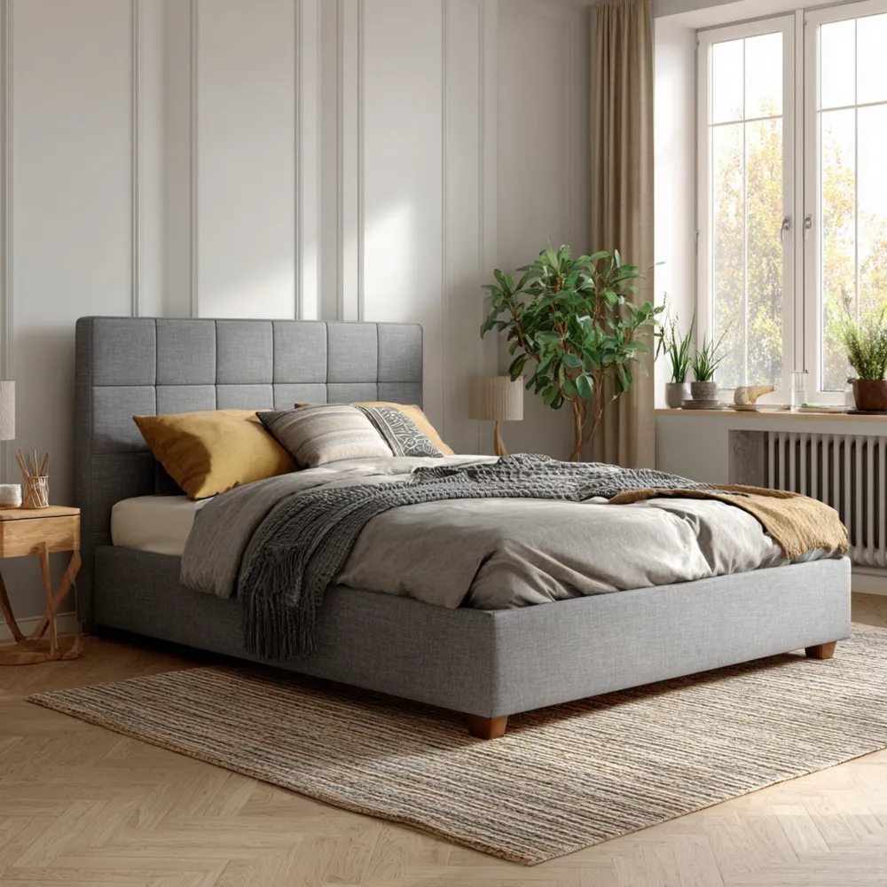 Lit double en tissu avec coussins - Gris