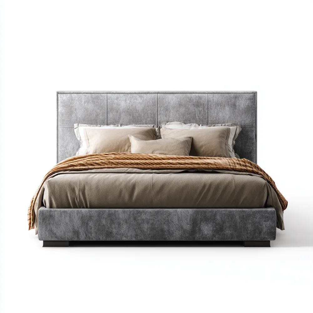 Lit Double en Tissu et Similicuir 200x160x100 cm - Gris