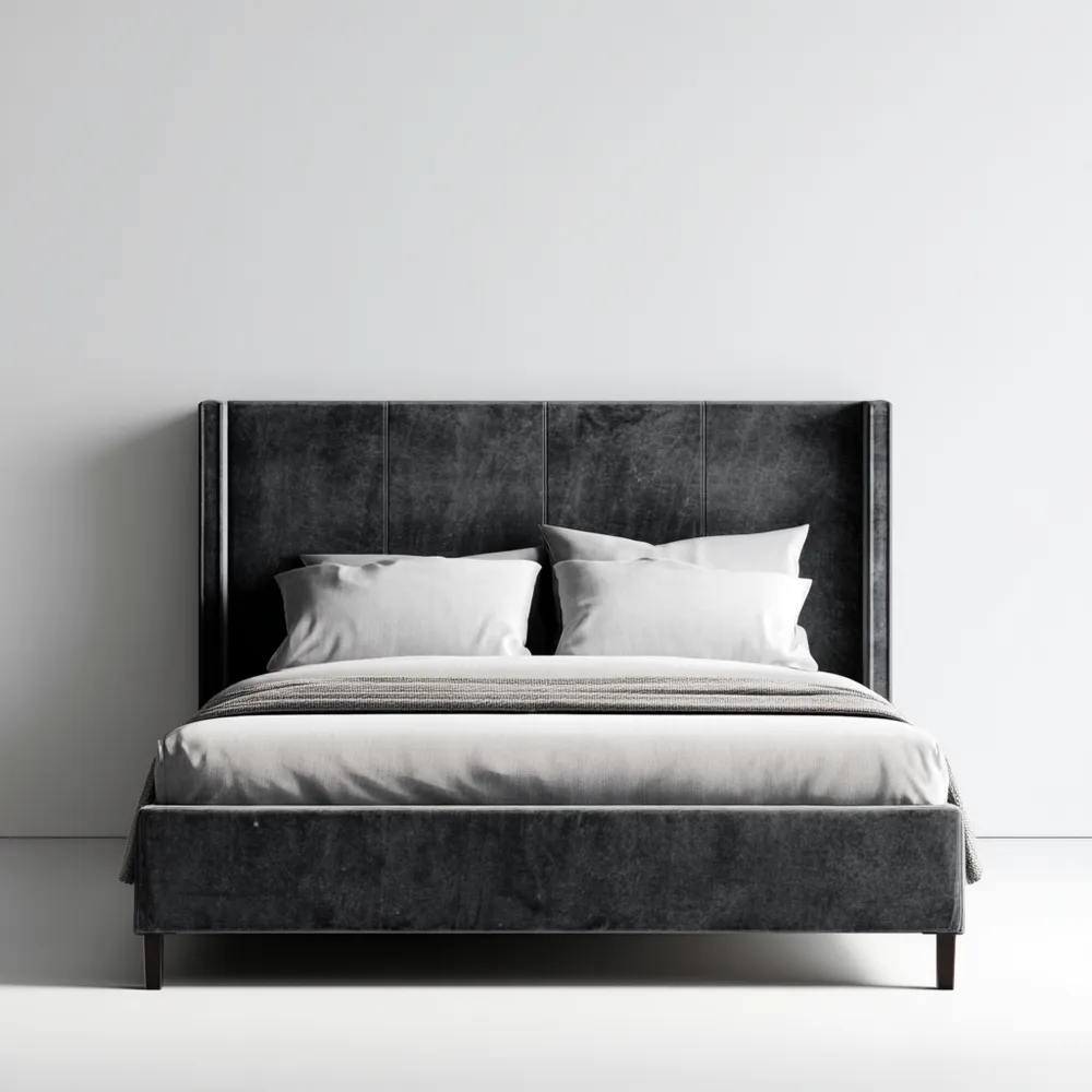 Lit en velours noir avec oreillers et couverture