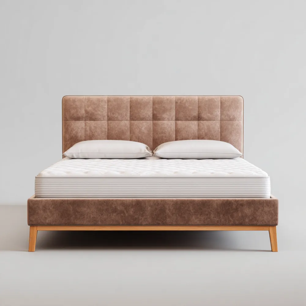 Lit double en tissu et bois 160x200 cm - Marron