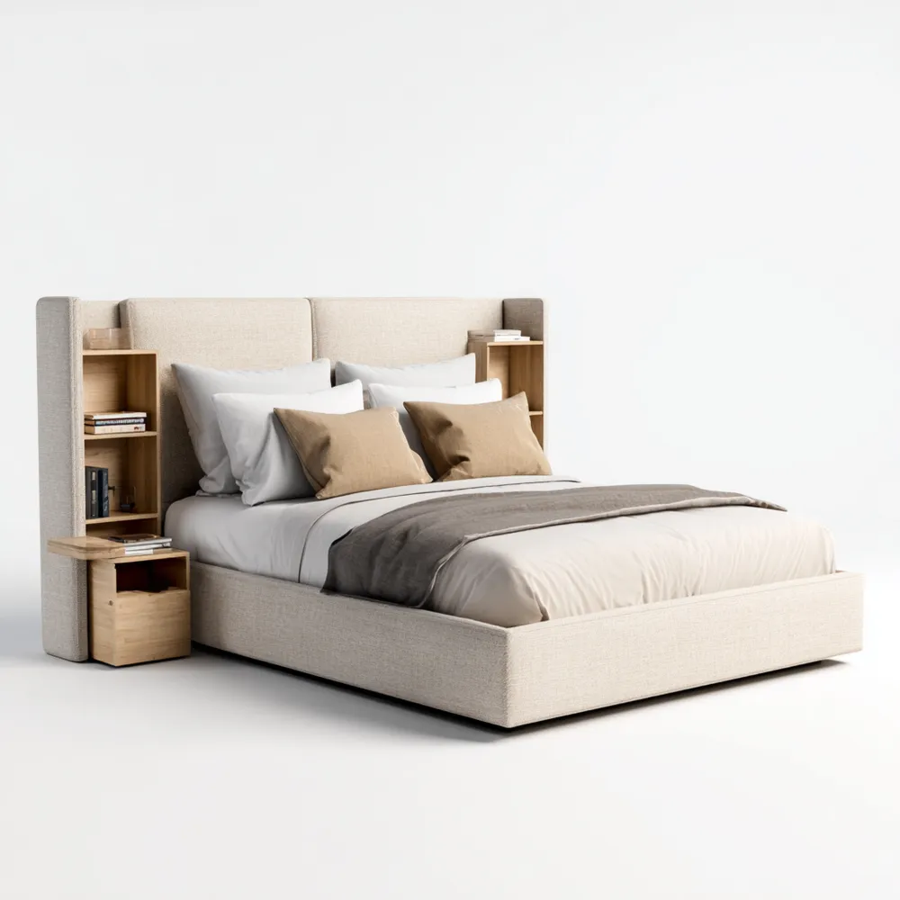 Lit plateforme avec étagères intégrées en tissu beige