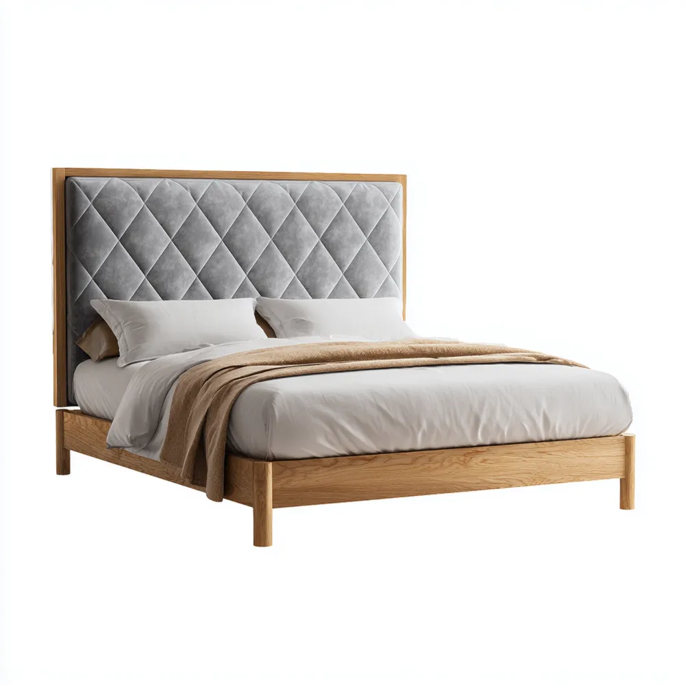 Lit double en Bois avec Tête de lit en Velours Gris