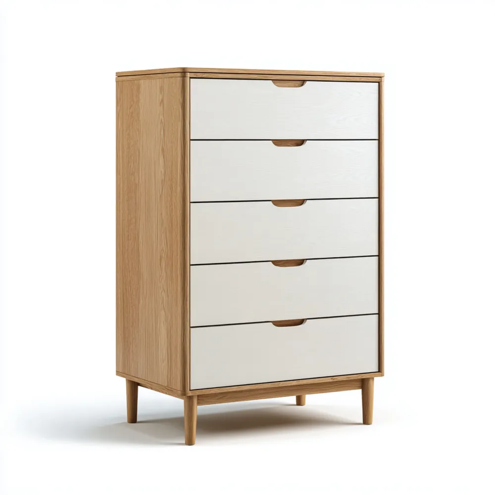 Commode en bois avec cinq tiroirs Blanc/Chêne