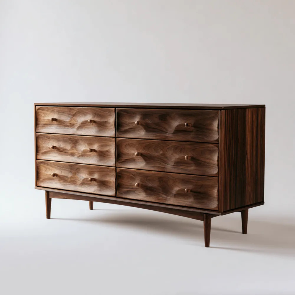 Commode en bois de noyer massif avec 6 tiroirs