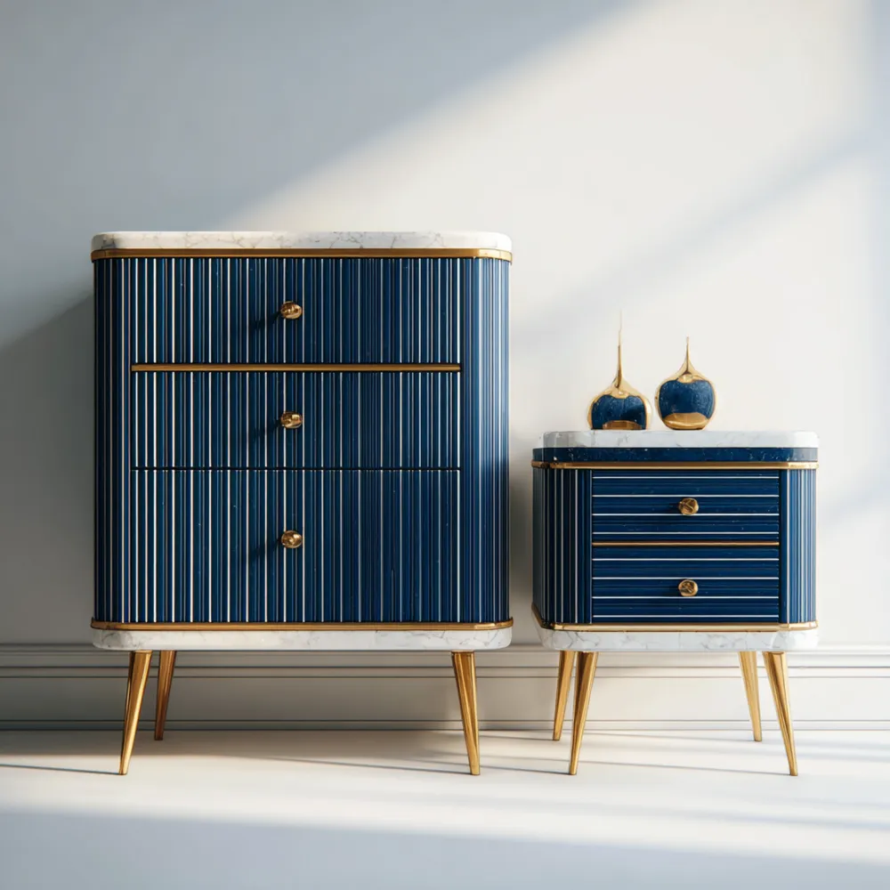 Commode et Table de Chevet Bois Marbre Bleu et Or