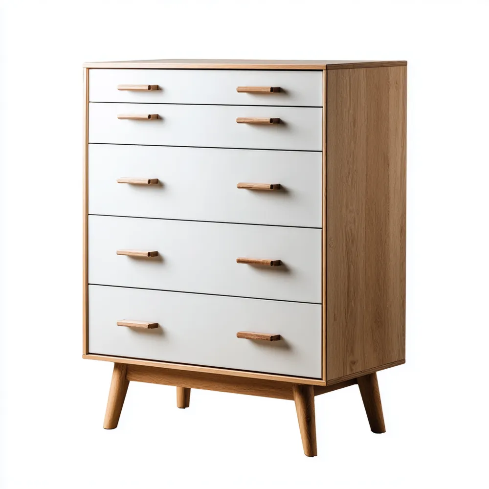Commode en Bois 5 Tiroirs 75x40x120 cm – Blanc/Chêne