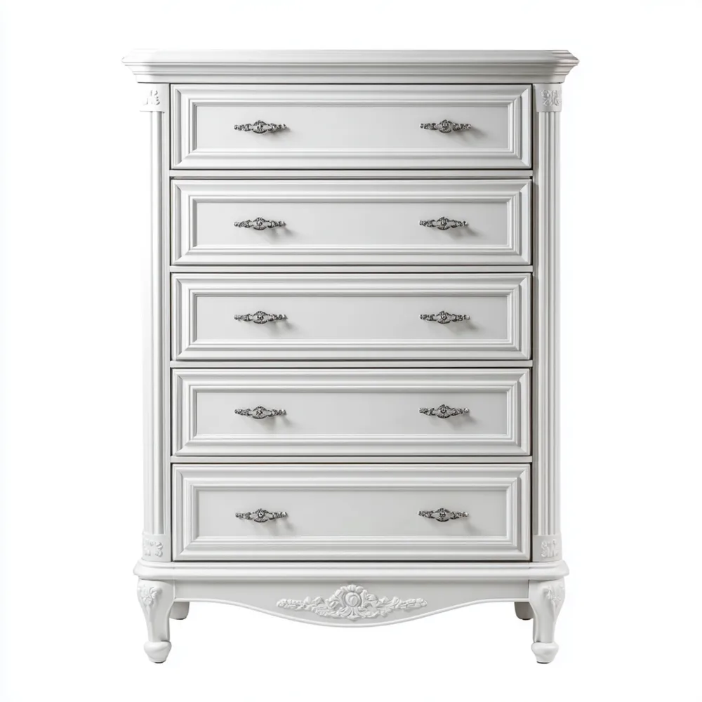 Commode Bois Sculpté 5 Tiroirs - Blanc
