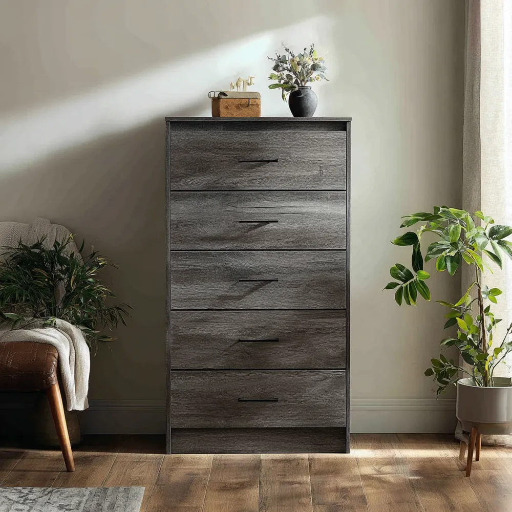 Commode en Bois Composite 5 Tiroirs - Gris Foncé