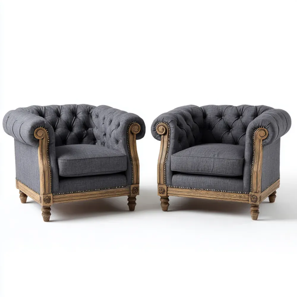 Ensemble de Fauteuils en Bois et Tissu Lin 80x80x70 cm - Gris Foncé