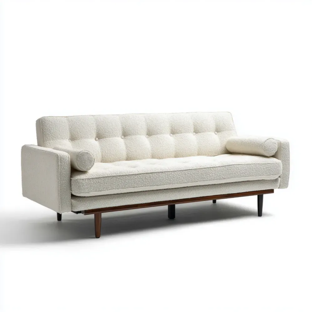 Canapé en tissu bouclé blanc avec pieds en bois