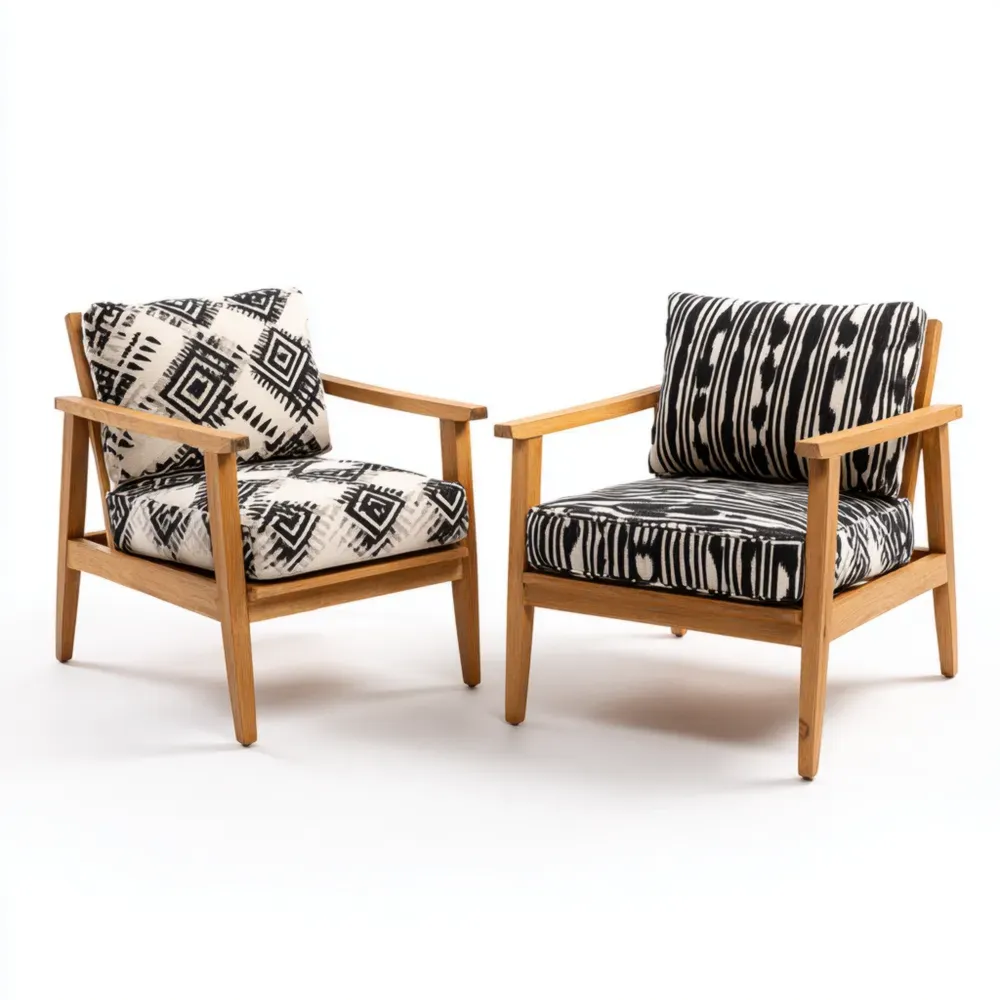 Lot de 2 fauteuils en bois avec coussins imprimés