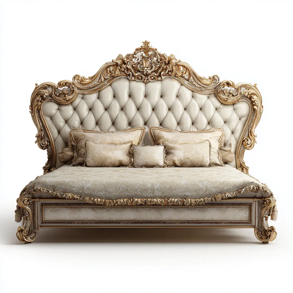 Lit en Bois Massif Baroque avec Réglage en Or et Blanc 180x200 cm