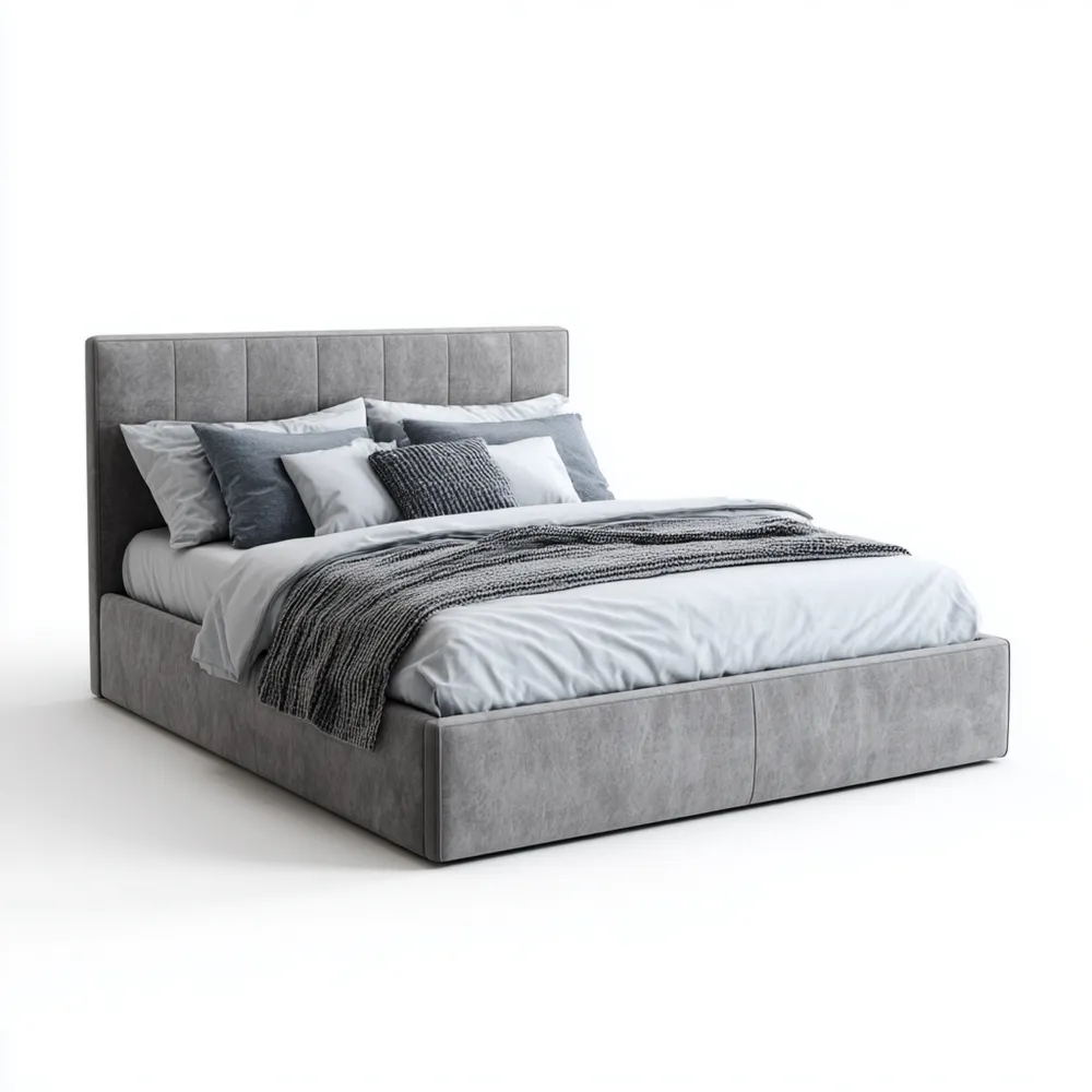 Lit double en tissu gris avec oreillers