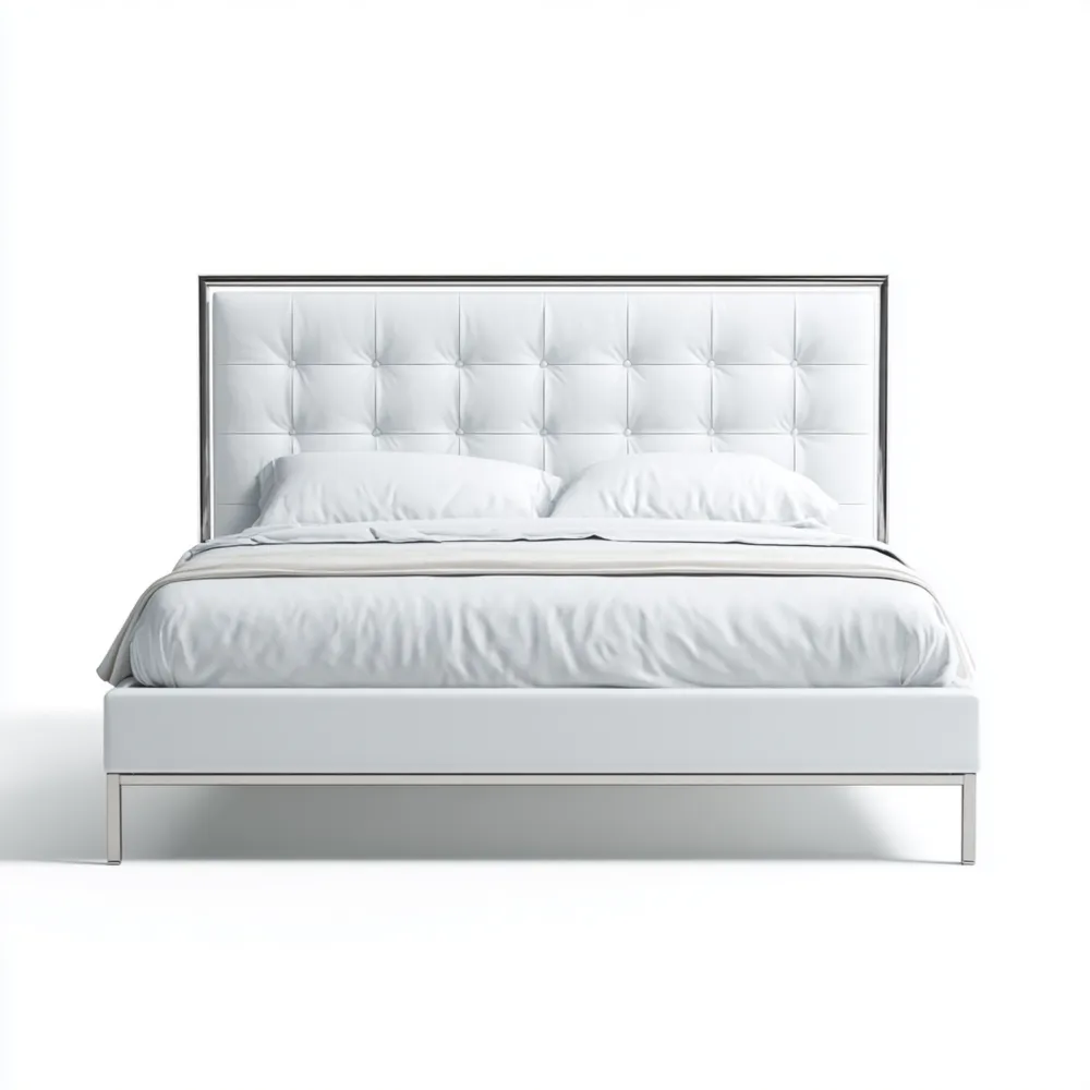 Lit Double en Métal avec Tête de Lit Rembourrée en Tissu Blanc