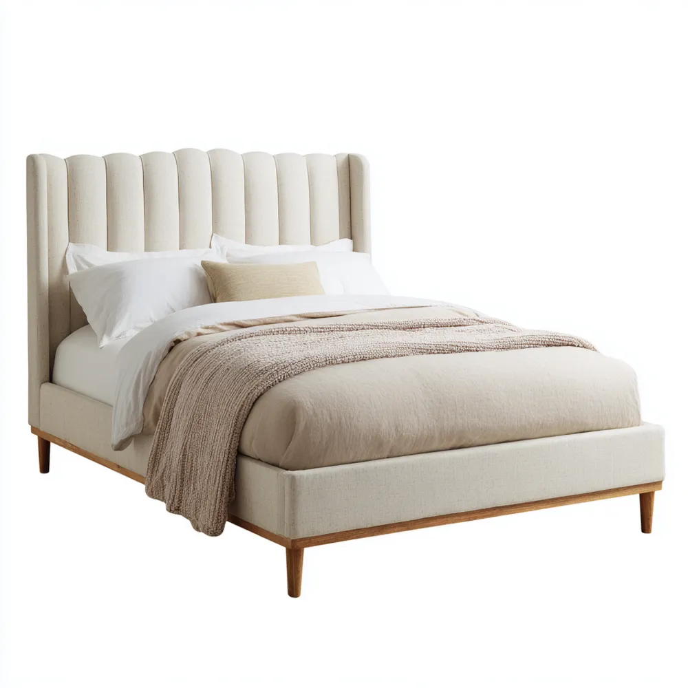 Lit double en bois avec tête de lit rembourrée en tissu 160x200 cm - Écru