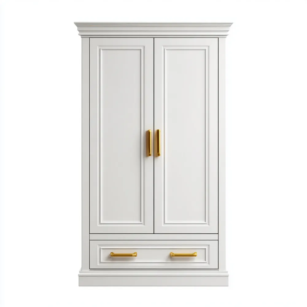 Armoire Bois 2 Portes avec Tiroir - Blanc avec Poignées Dorées