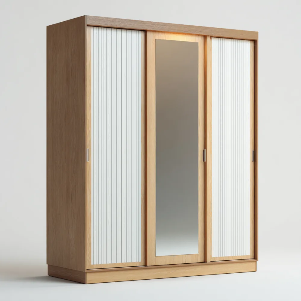 Armoire en Bois avec Portes Coulissantes et Miroir