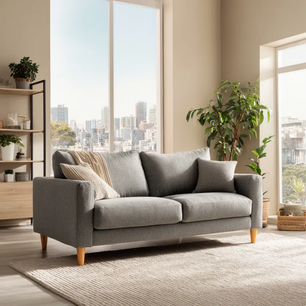 Canapé Trois Places en Tissu Gris avec Pieds en Bois