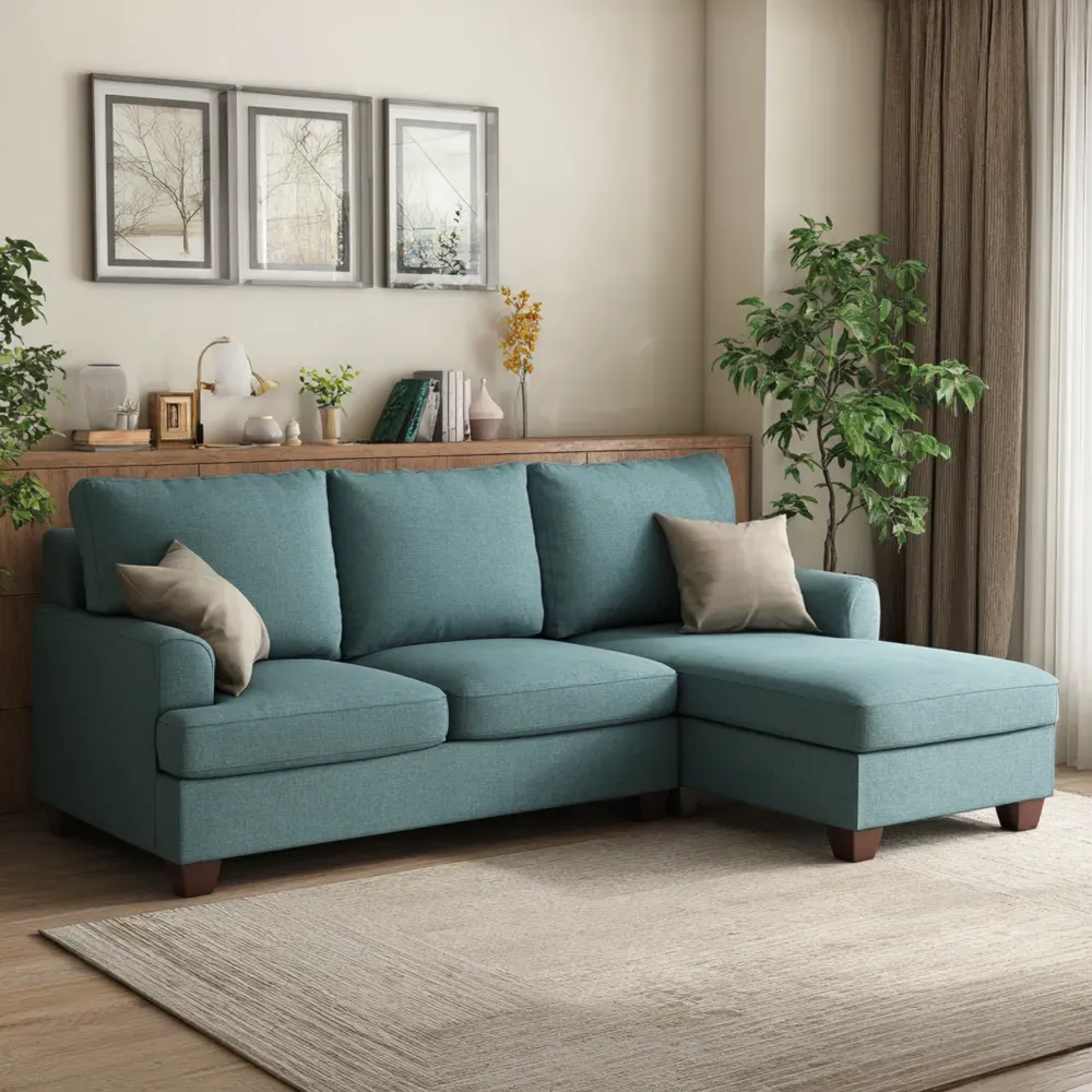 Canapé d'angle en tissu avec coussins décoratifs - Bleu Sarcelle