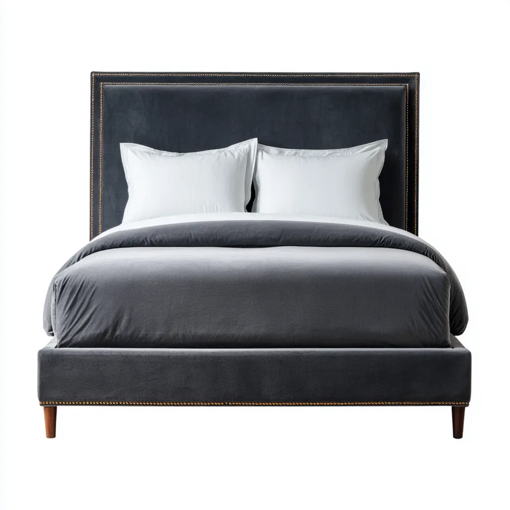 Lit Double en Velours 160x200x120 cm – Gris