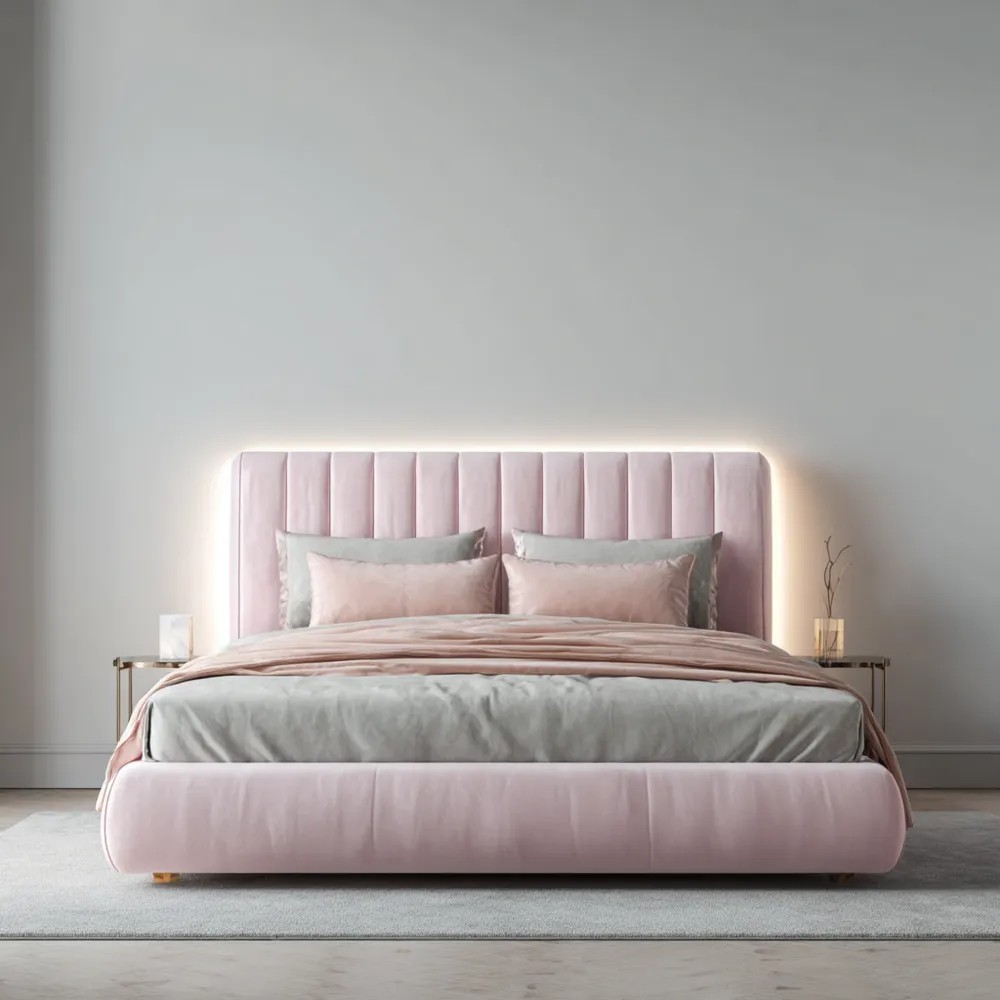 Lit Double en Velours Rose avec Éclairage LED