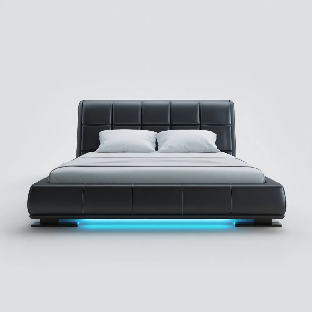 Lit Double en Cuir Synthétique Noir avec Éclairage LED
