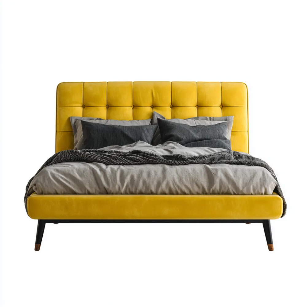 Lit double en Velours avec Tête de Lit Capitonnée Jaune 160x200 cm