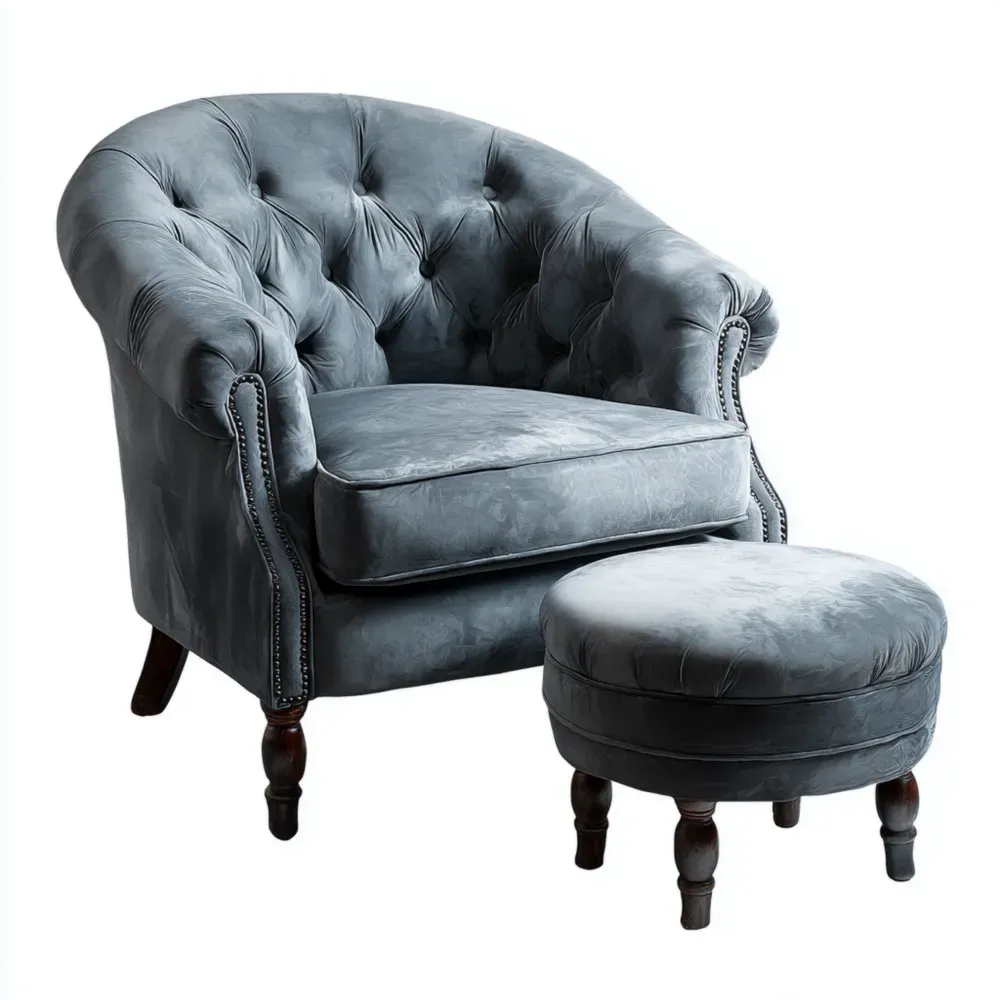 Fauteuil en Velours avec Pouf 90x85x75 cm - Bleu