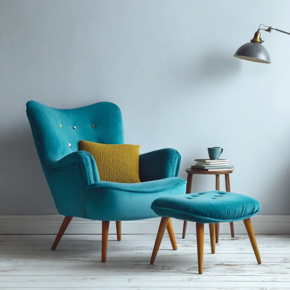 Fauteuil en velours avec repose-pied - Bleu